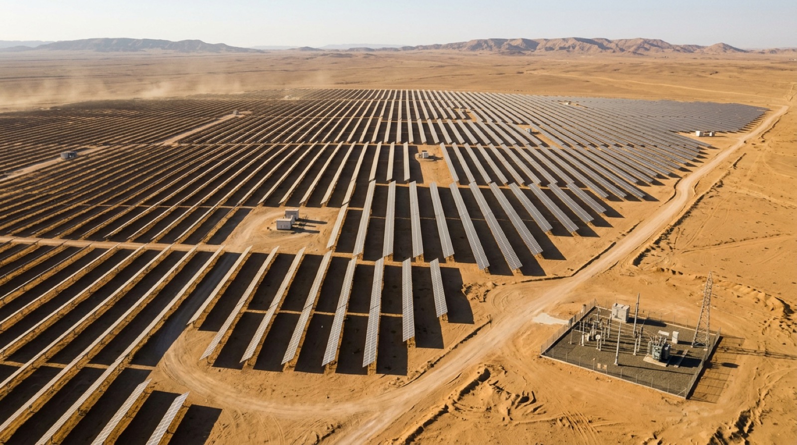 Bifacial PV array rows on a desert site